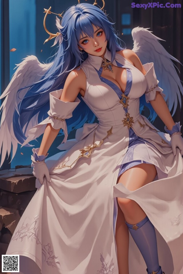 A woman in a white dress with blue hair and angel wings.