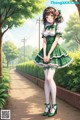 A girl in a green dress and white stockings standing on a sidewalk.