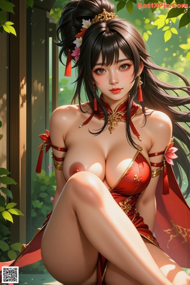 A woman in a red dress sitting on the ground.