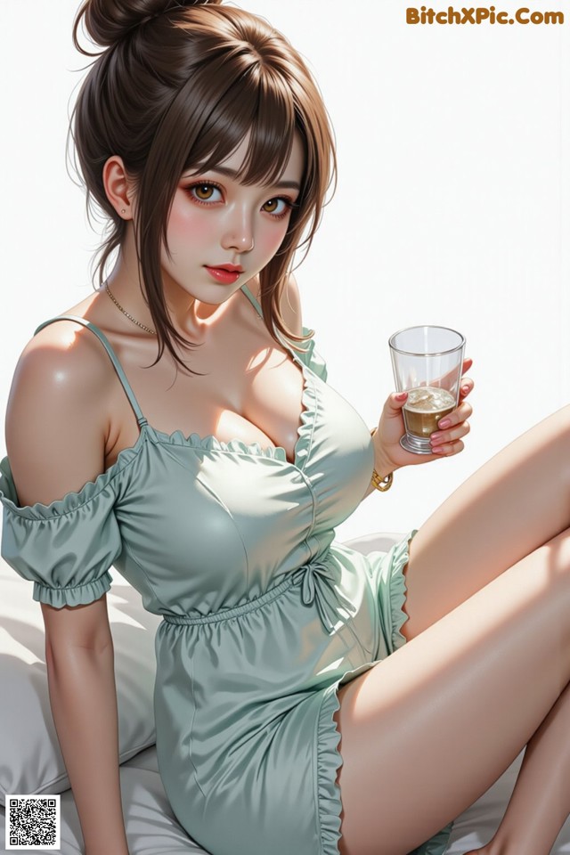 A woman sitting on a bed holding a glass of wine.