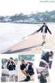 A collage of photos of a woman on the beach.